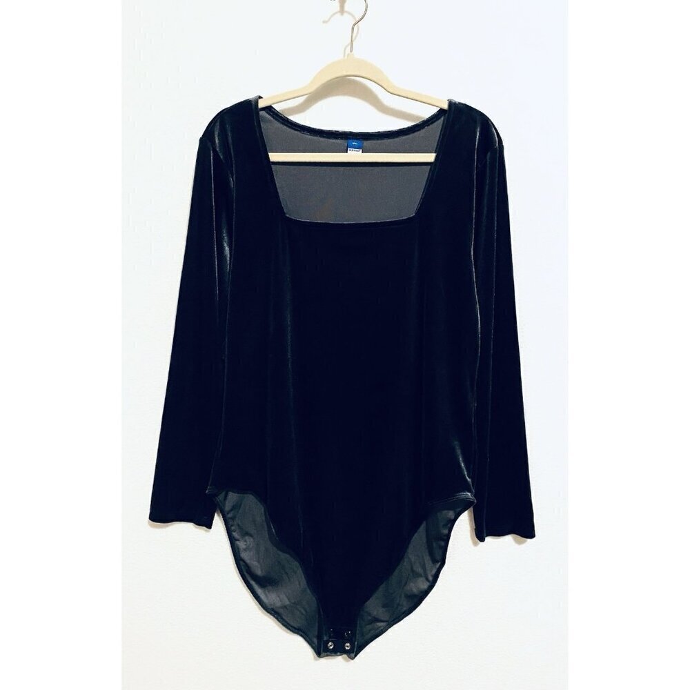 Old Navy Top Womens XXL Gray Square Neck Velvet Bodysuit Stretch Whimsigoth